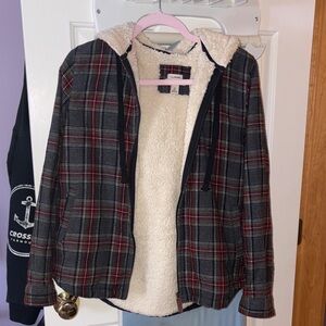 L.L. Bean Scotch Plaid flannel Sherpa lined zip hoodie